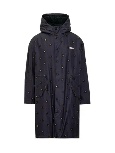 Marni Draft Flower Trench Coat In Gabardine In Navy