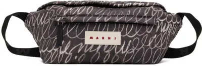 Marni Gray & White Scribble Print Puff Belt Pouch In 00n99 Black