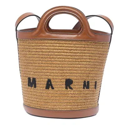 Marni Brown Raffia And Leather Tropicalia Mini Bucket Bag In Beige