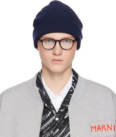 Marni Navy Mending Logo Beanie In 00b81 Light Navy