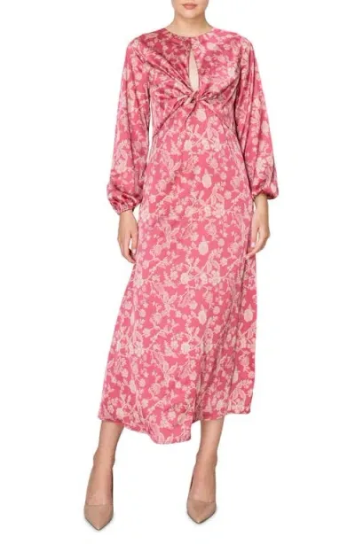 Melloday Floral Long Sleeve Satin Dress In Marsala Taupe Print