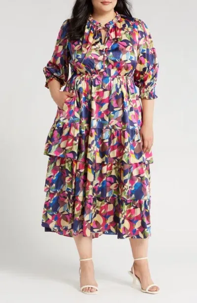 Melloday Floral Tiered Satin Dress In Navy Multi