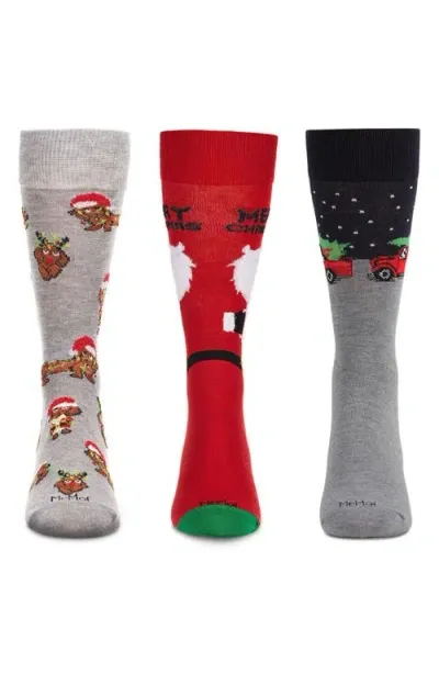 Memoi Assorted 3-pack Christmas Socks In Grey/black