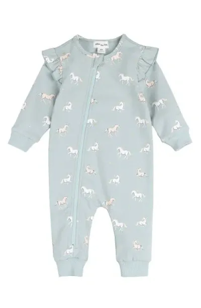 Miles The Label Babies'  Unicorn Print Cotton Ruffle Shoulder Romper In Light Turquoise