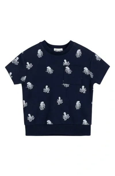 Miles Baby Miles The Label Kids' Octopus Print Short Sleeve Organic Cotton Pocket Sweatshirt In Navy