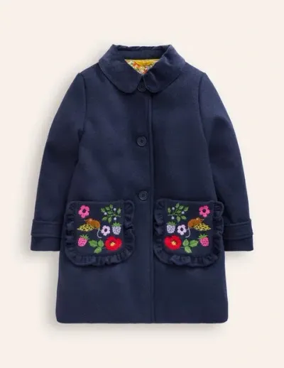 Mini Boden Kids' Wonderful Wool Blended Coat College Navy Embroidery Girls Boden