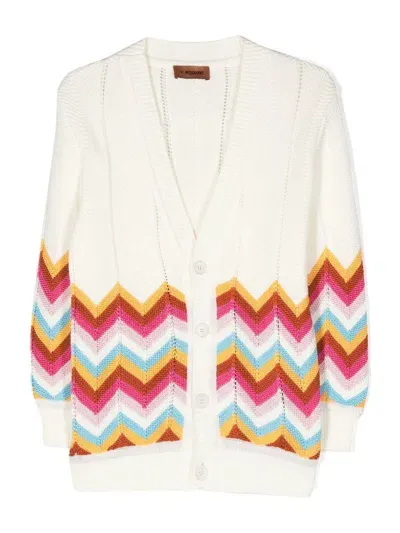 Missoni Kids' White Cardigan For Girl With Chevron Pattern In Nude