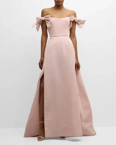 Monique Lhuillier Off-the-shoulder Bow Slit Gown In Pale Blush