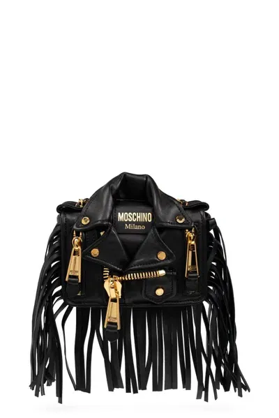 Moschino Biker Fringed Foldover Top Shoulder Bag In Black