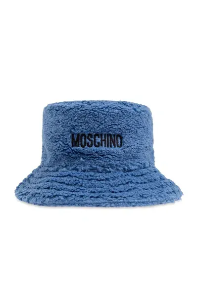 Moschino Logo Embroidered Faux Fur Bucket Hat In Blue