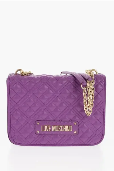 Moschino Love Quilted Faux Leather Shoulder Bag With Golden Logo In Purple