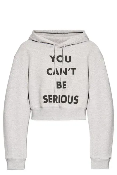 Moschino Slogan Printed Cropped Hoodie In Grey