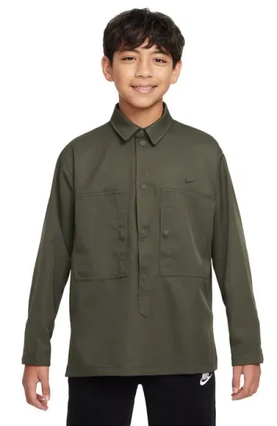 Nike Kids' Sportswear Metro Ground Snap-up Popover Shirt In Cargo Khaki/white