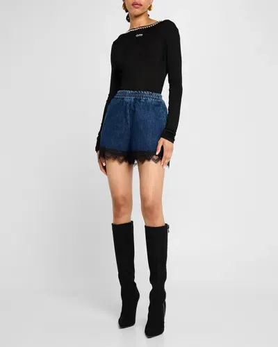 Off-white 20s Lace-trim Denim Pull-on Shorts In Deep Blue Black