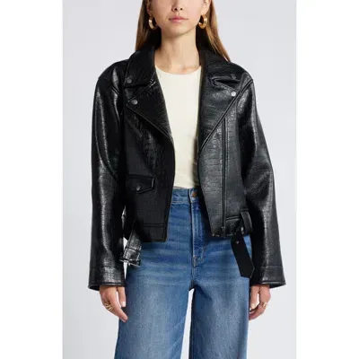 Open Edit Belted Oversize Croc Embossed Faux Leather Moto Jacket In Black