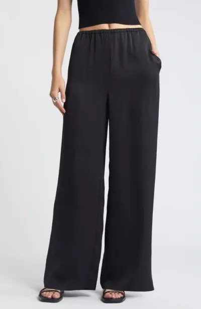 Open Edit Wide Leg Satin Pants In Black