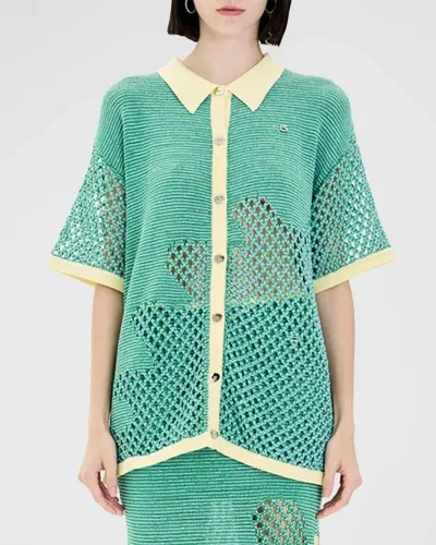 Ph5 Olivia Crochet Short-sleeve Button-front Shirt In Teal Blast