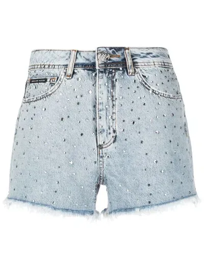 Philipp Plein Crystal Embellished Mini Shorts In Blue