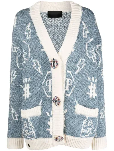 Philipp Plein Intarsia-knit Logo Cardigan In Blue