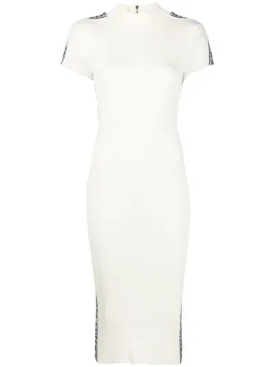 Philipp Plein Rhinestone-logo Ribbed Wool Midi Dress In Neutrals