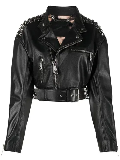 Philipp Plein Rock-stud Cropped Leather Jacket In Black