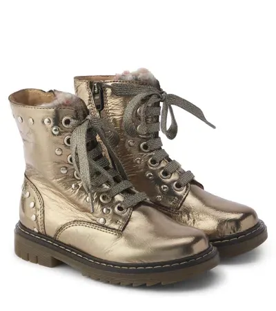 Pom D'api Kids' Sid Metallic Leather Combat Boots In Gold