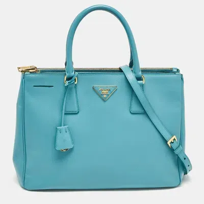 Pre-owned Prada Turquoise Saffiano Leather Medium Double Zip Tote In Green