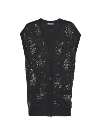 Prada Embellished Cashmere Vest In Grey