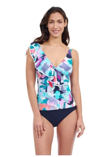 Profile By Gottex Holi Ruffle V Neck Surplice Tankini In Blue Multi