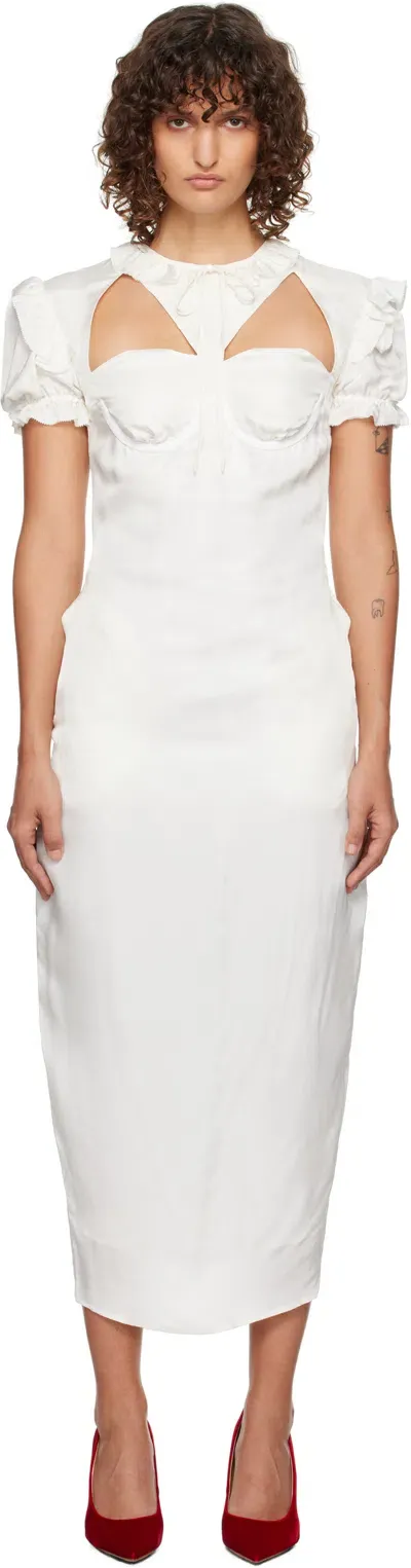 Pushbutton White Cutout Point Frill Midi Dress