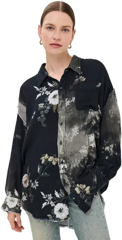 R13 Shredded Seam Drop Neck Shirt Black Bleached Floral