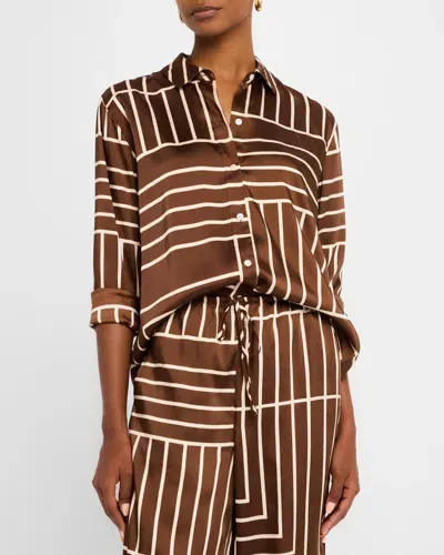 Rails Line Art Elias Satin Button-front Shirt In Brown Line Art