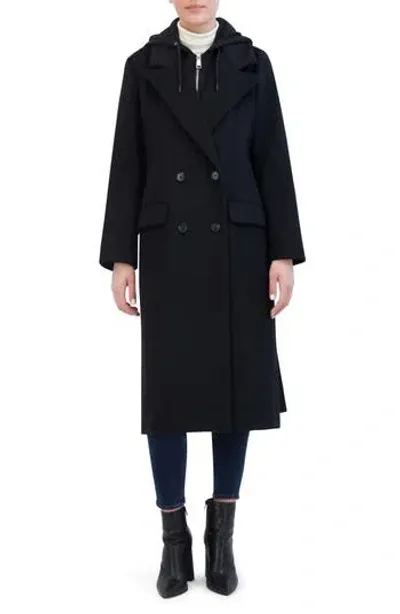 Rebecca Minkoff Double Breasted Longline Coat With Removable Jersey Hooded Bib In Black/black