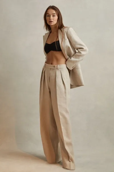 Reiss Natural Linen Wide Leg Suit Trousers