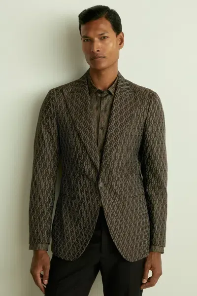 Reiss Chocolate Brown Monogram-jacquard Twill Blazer