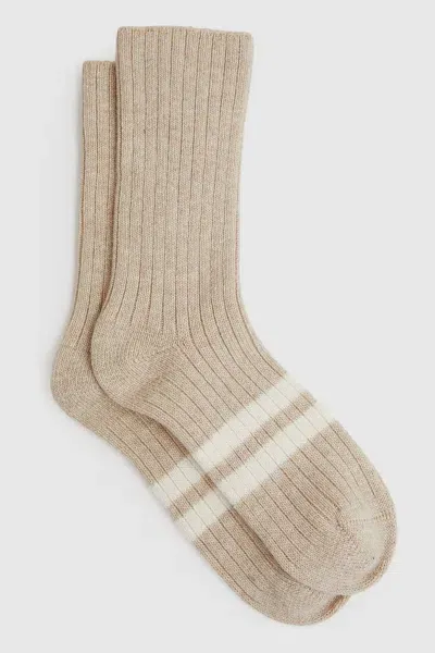 Reiss Oatmeal Wool Blend Ribbed Crew Socks