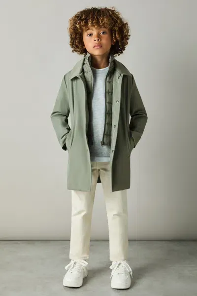 Reiss Sage Green Logan 3-9 Yrs Gabardine Coat With Removable Gilet