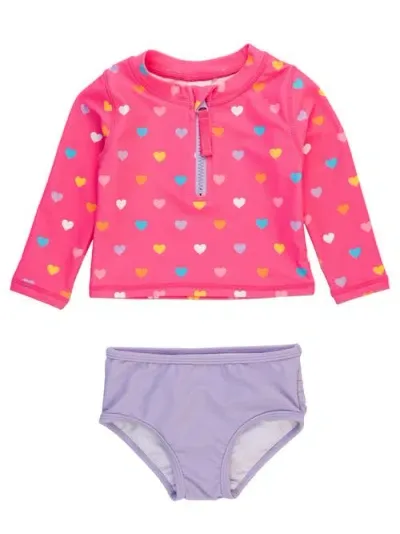 Rufflebutts Babies'  Toddler Girls Upf50+ Long Sleeve Zipper Rash Guard 2-piece In Colorful Hearts