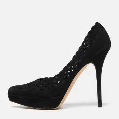 Pre-owned Saint Laurent Black Cut Out Suede Platform Pumps Size 38.5