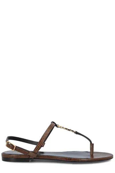 Saint Laurent Logo Plaque Open Toe Sandals In Brown