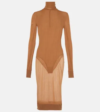 Saint Laurent Sheer Turtleneck Jersey Midi Dress In Braun