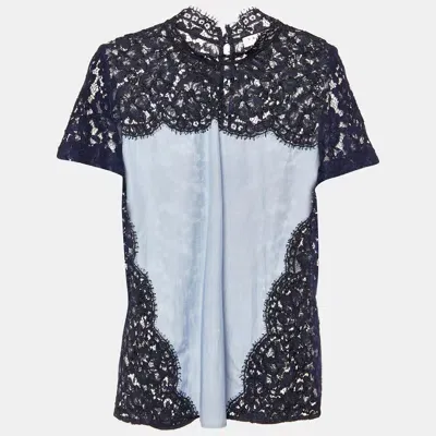 Pre-owned Sandro Blue Lace And Cotton High Neck Blouse M