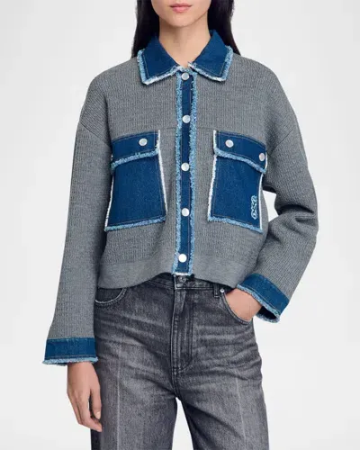 Sandro John Denim Knit Cardigan In Grey