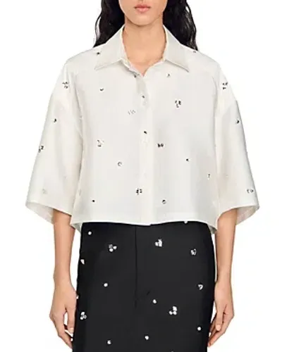 Sandro Mentissa Oversized Cropped Embellished Shirt In White