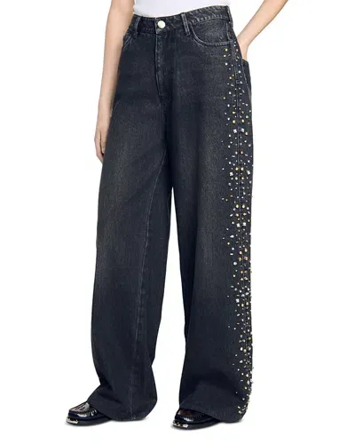 Sandro Rock High Rise Wide Leg Jeans In Black