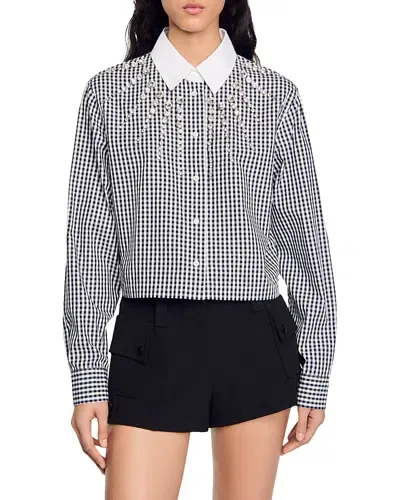 Sandro Rockfall Gingham Embellished Shirt In Black