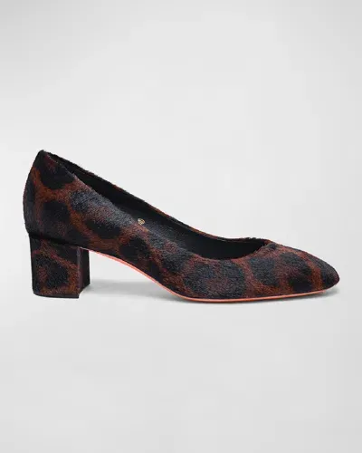 Santoni Flight Calf Hair Block-heel Pumps In Leopard