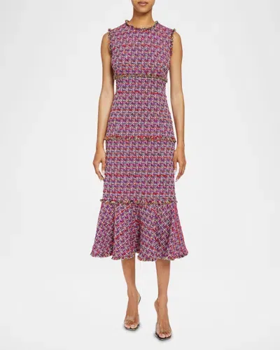 Santorelli Andi Tiered Fringe-trim Tweed Midi Dress In Magenta