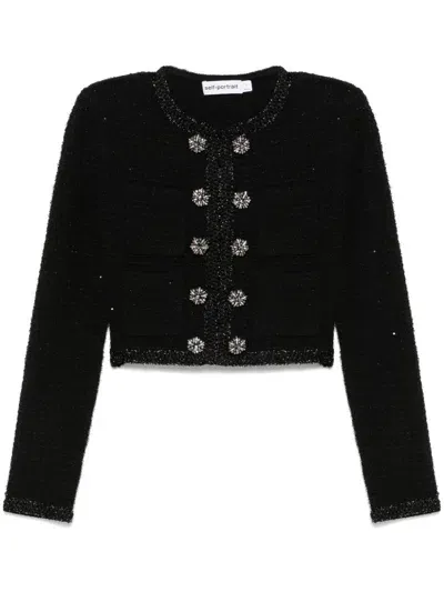 Self-portrait Textured Knit Jacket In Black