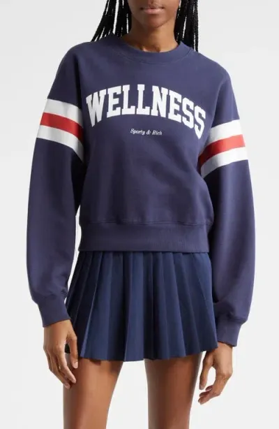 Sporty And Rich Sporty & Rich Wellness Rugby Stripe Cotton Graphic Sweatshirt In Navy